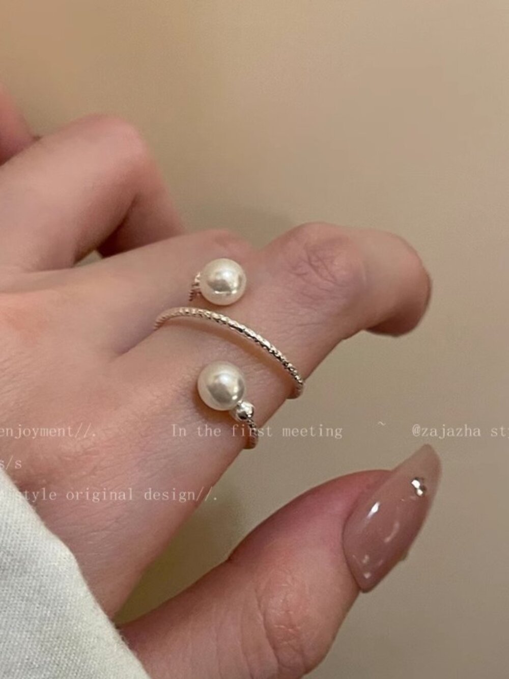 Silver Faux Pearl Ring Double Band Spinner Ring Minimalist Ring Size 4.5